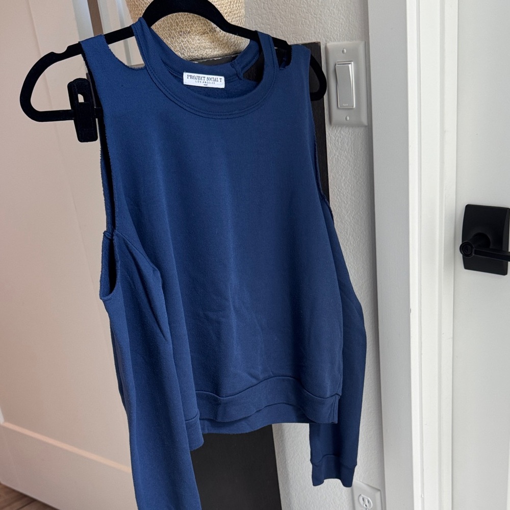 Project Social T Navy Cold-Shoulder Sweatshirt